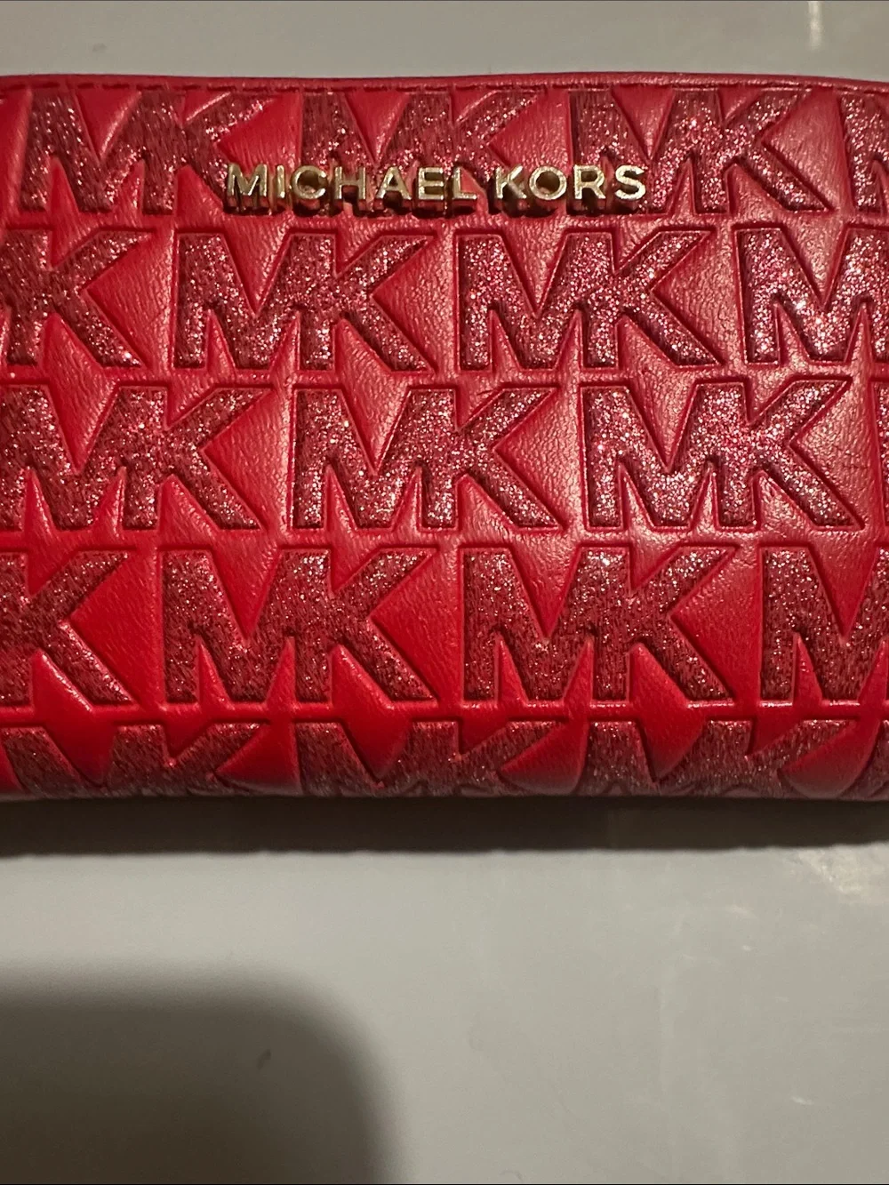 Michael Kors Red MK Monogram Embossed Zip Card Holder